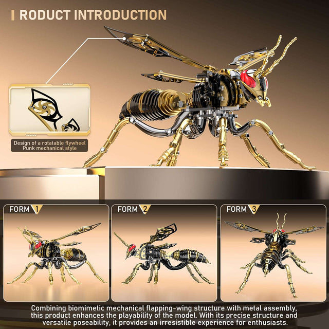3D Wasp Stainless Steel Insects Puzzle Model Kit DIY Mechanical Animal Toys Gift(BlackGold)